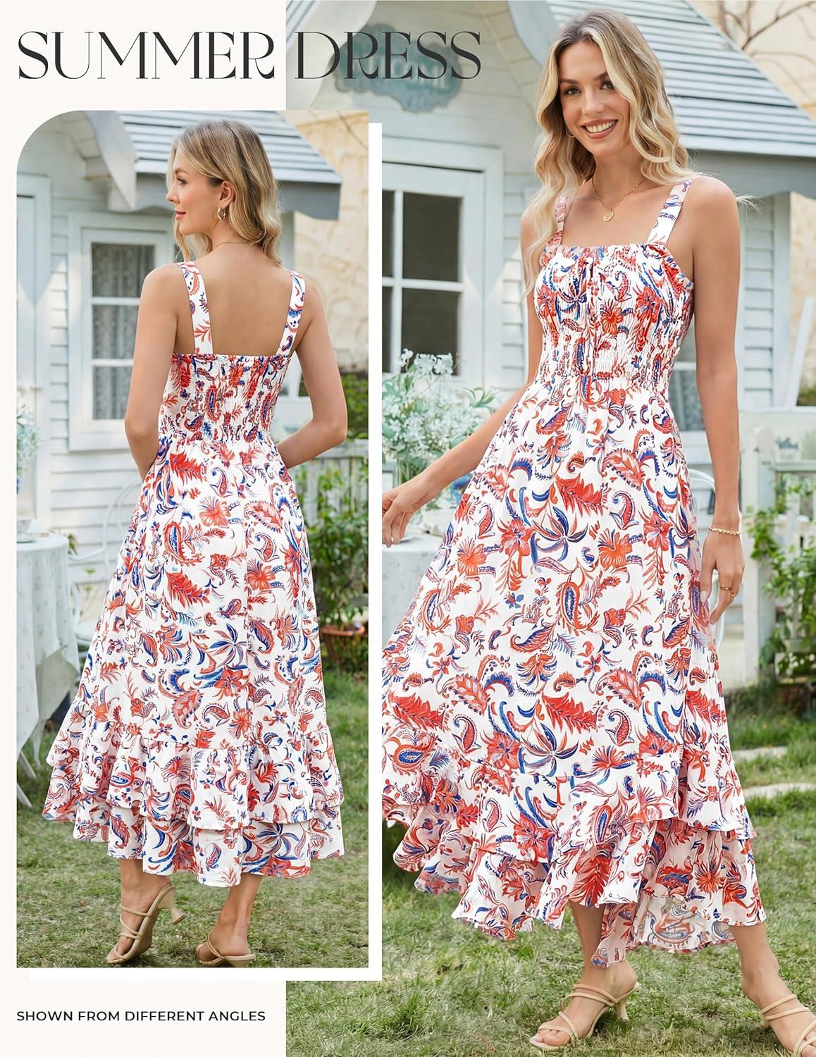 imageGRACE KARIN Womens 2026 Summer Floral Boho Dress Square Neck Strapped Swing A Line Sundress Beach Long Maxi OutfitsOrange Blue