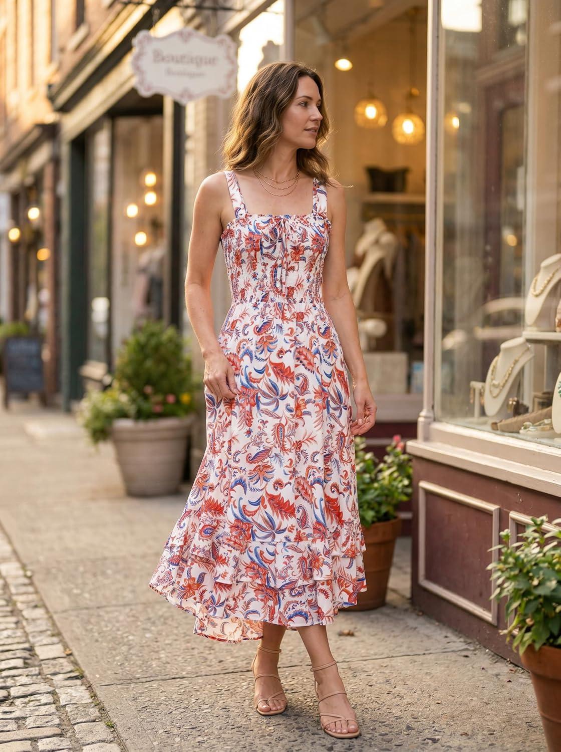 imageGRACE KARIN Womens 2026 Summer Floral Boho Dress Square Neck Strapped Swing A Line Sundress Beach Long Maxi OutfitsOrange Blue