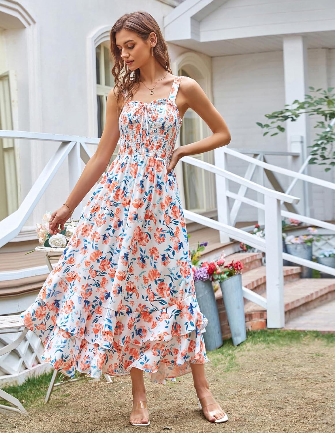 imageGRACE KARIN Womens 2026 Summer Floral Boho Dress Square Neck Strapped Swing A Line Sundress Beach Long Maxi OutfitsOrange Floral