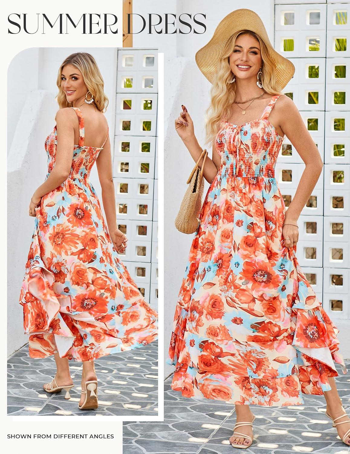 imageGRACE KARIN Womens 2026 Summer Floral Boho Dress Square Neck Strapped Swing A Line Sundress Beach Long Maxi OutfitsOrange Flower