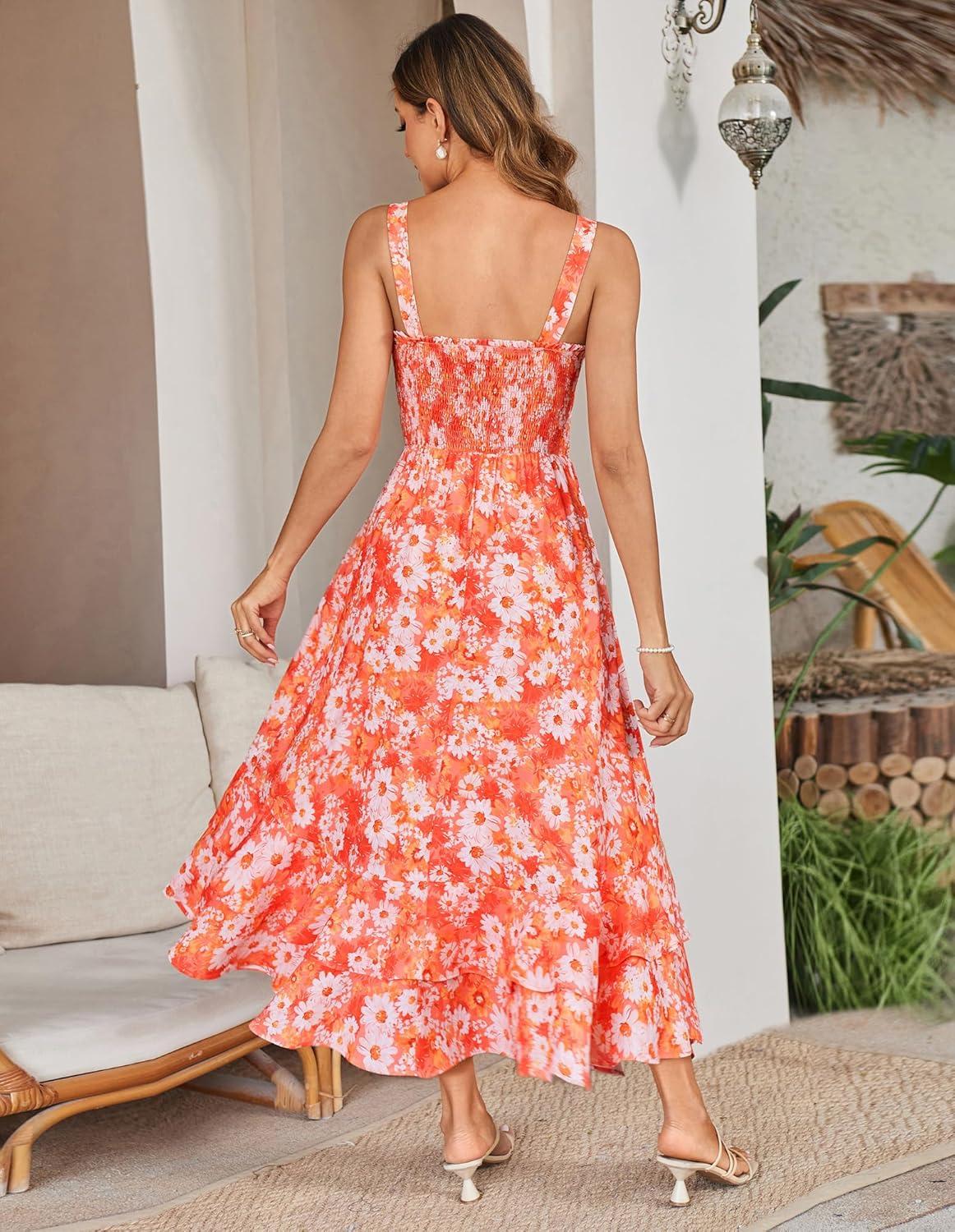 imageGRACE KARIN Womens 2026 Summer Floral Boho Dress Square Neck Strapped Swing A Line Sundress Beach Long Maxi OutfitsOrange White