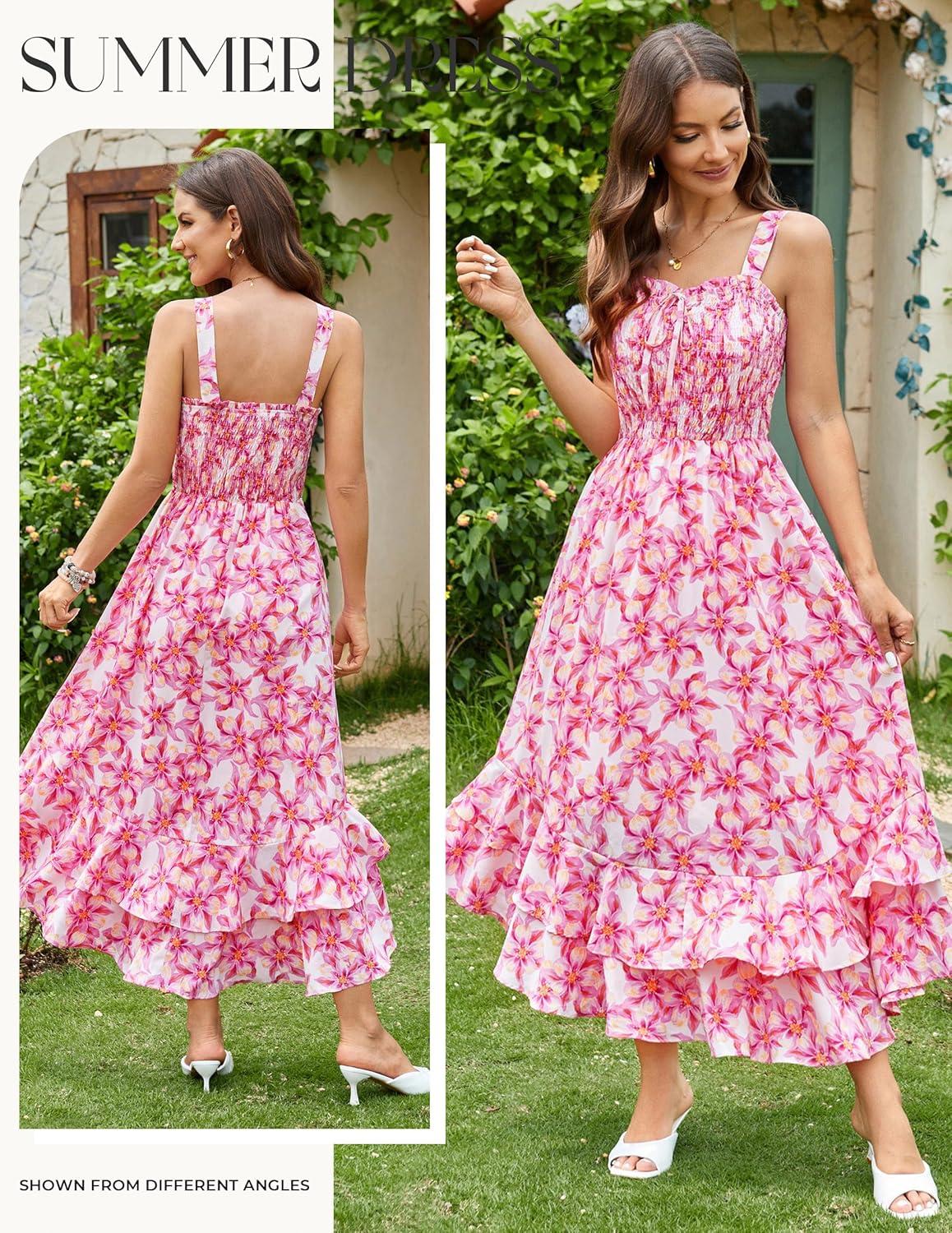 imageGRACE KARIN Womens 2026 Summer Floral Boho Dress Square Neck Strapped Swing A Line Sundress Beach Long Maxi OutfitsPink Yellow Floral