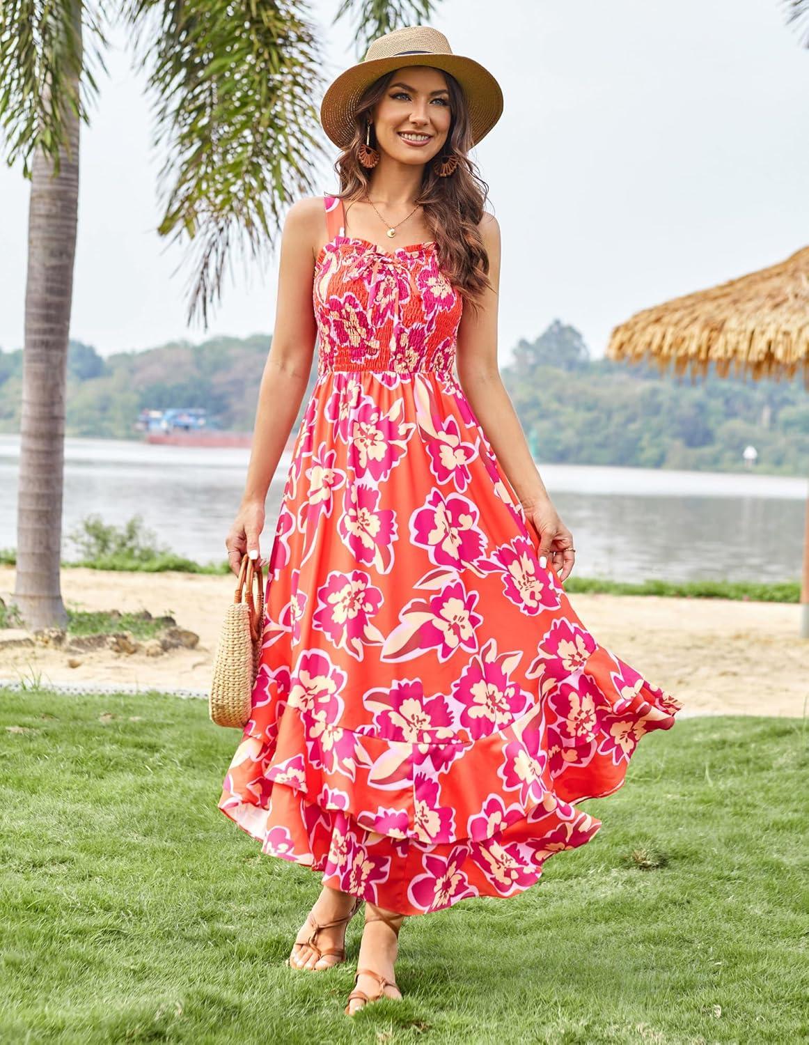 imageGRACE KARIN Womens 2026 Summer Floral Boho Dress Square Neck Strapped Swing A Line Sundress Beach Long Maxi OutfitsPurple Orange