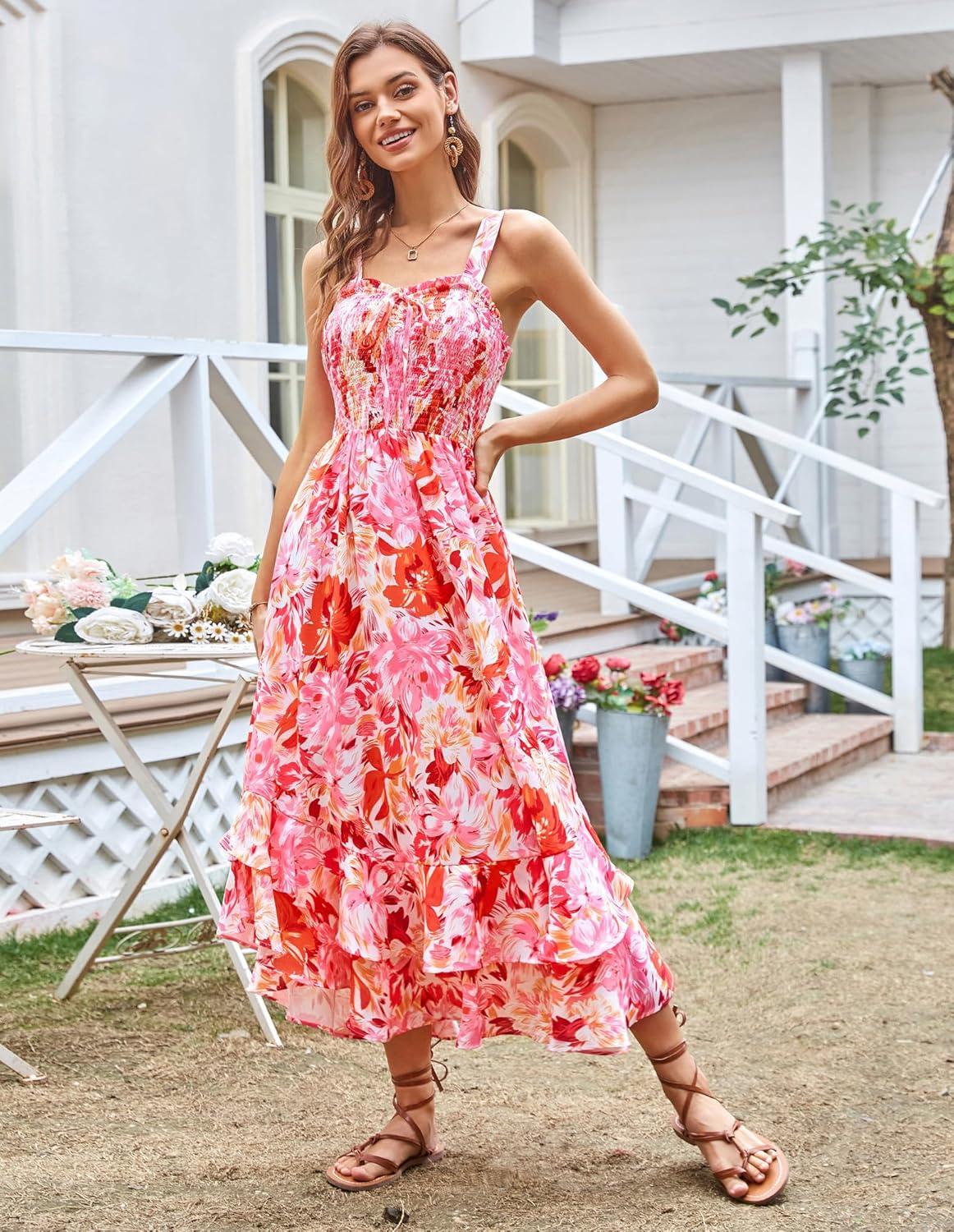 imageGRACE KARIN Womens 2026 Summer Floral Boho Dress Square Neck Strapped Swing A Line Sundress Beach Long Maxi OutfitsRed Pink
