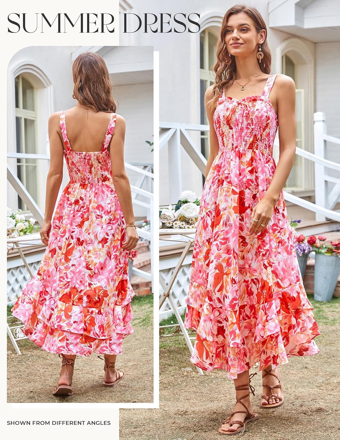 imageGRACE KARIN Womens 2026 Summer Floral Boho Dress Square Neck Strapped Swing A Line Sundress Beach Long Maxi OutfitsRed Pink