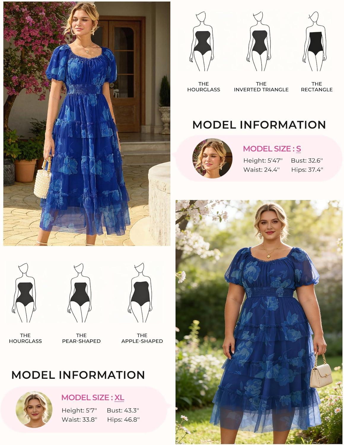 imageGRACE KARIN Womens 2026 Summer Floral Midi Dress Short Sleeve Square Neck Smocked Tulle Dresses Flowy Wedding Guest DressesBlue White