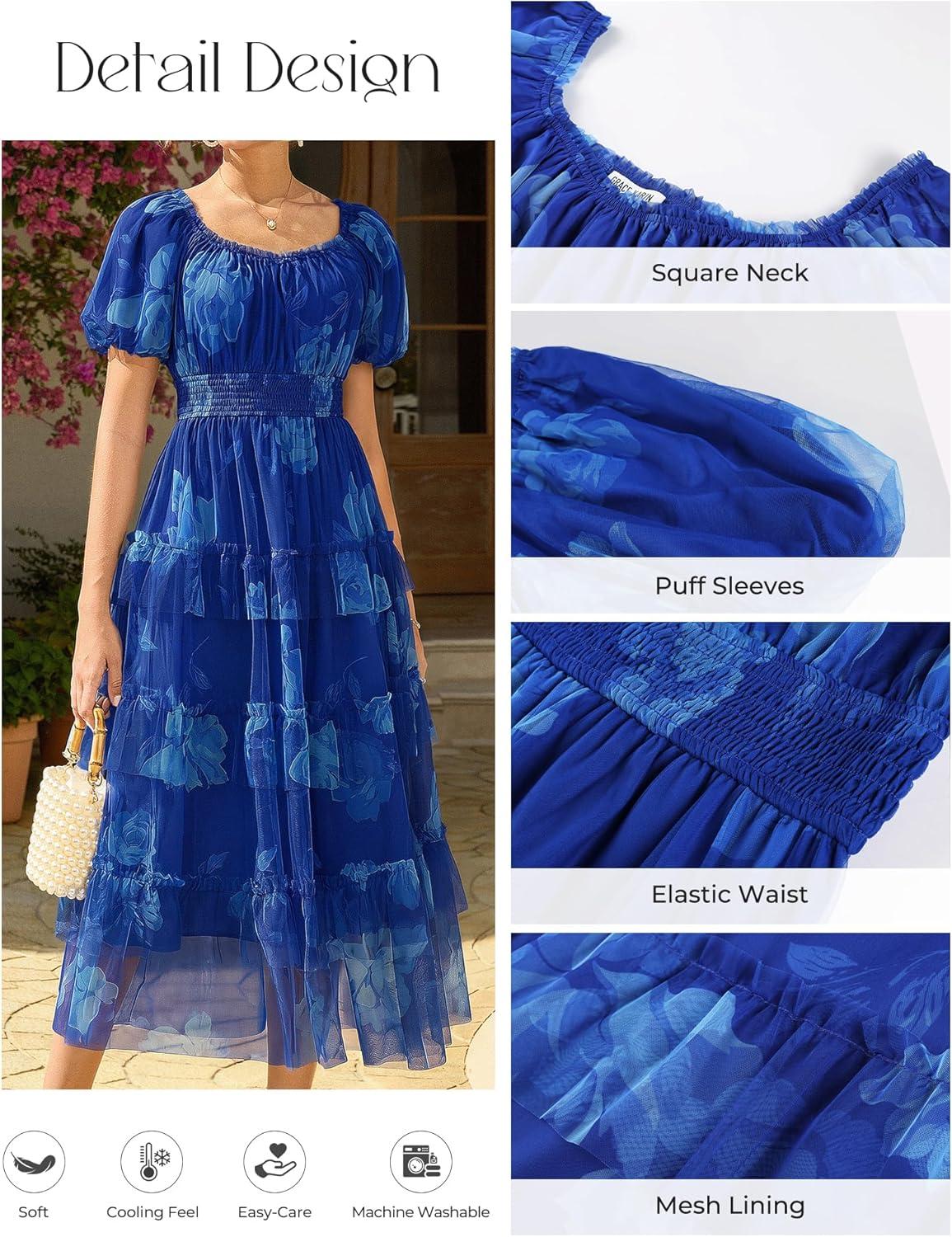 imageGRACE KARIN Womens 2026 Summer Floral Midi Dress Short Sleeve Square Neck Smocked Tulle Dresses Flowy Wedding Guest DressesBlue White