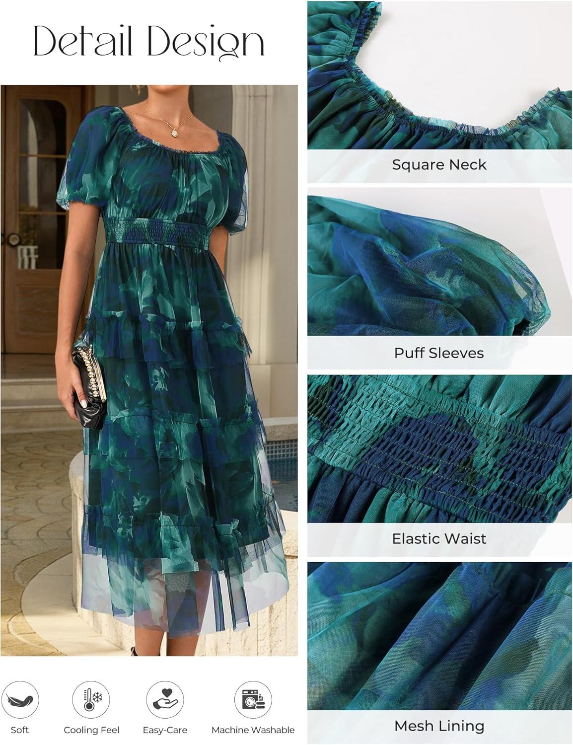 imageGRACE KARIN Womens 2026 Summer Floral Midi Dress Short Sleeve Square Neck Smocked Tulle Dresses Flowy Wedding Guest DressesGreen Blue