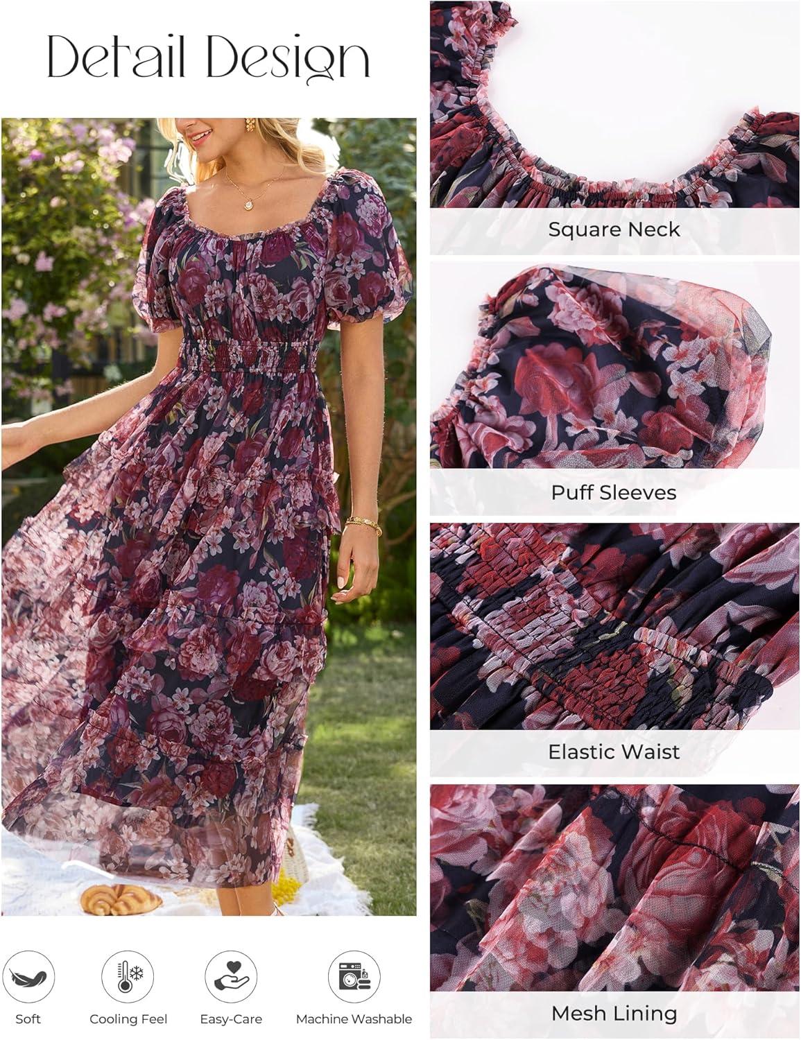 imageGRACE KARIN Womens 2026 Summer Floral Midi Dress Short Sleeve Square Neck Smocked Tulle Dresses Flowy Wedding Guest DressesNavy Blue Pink