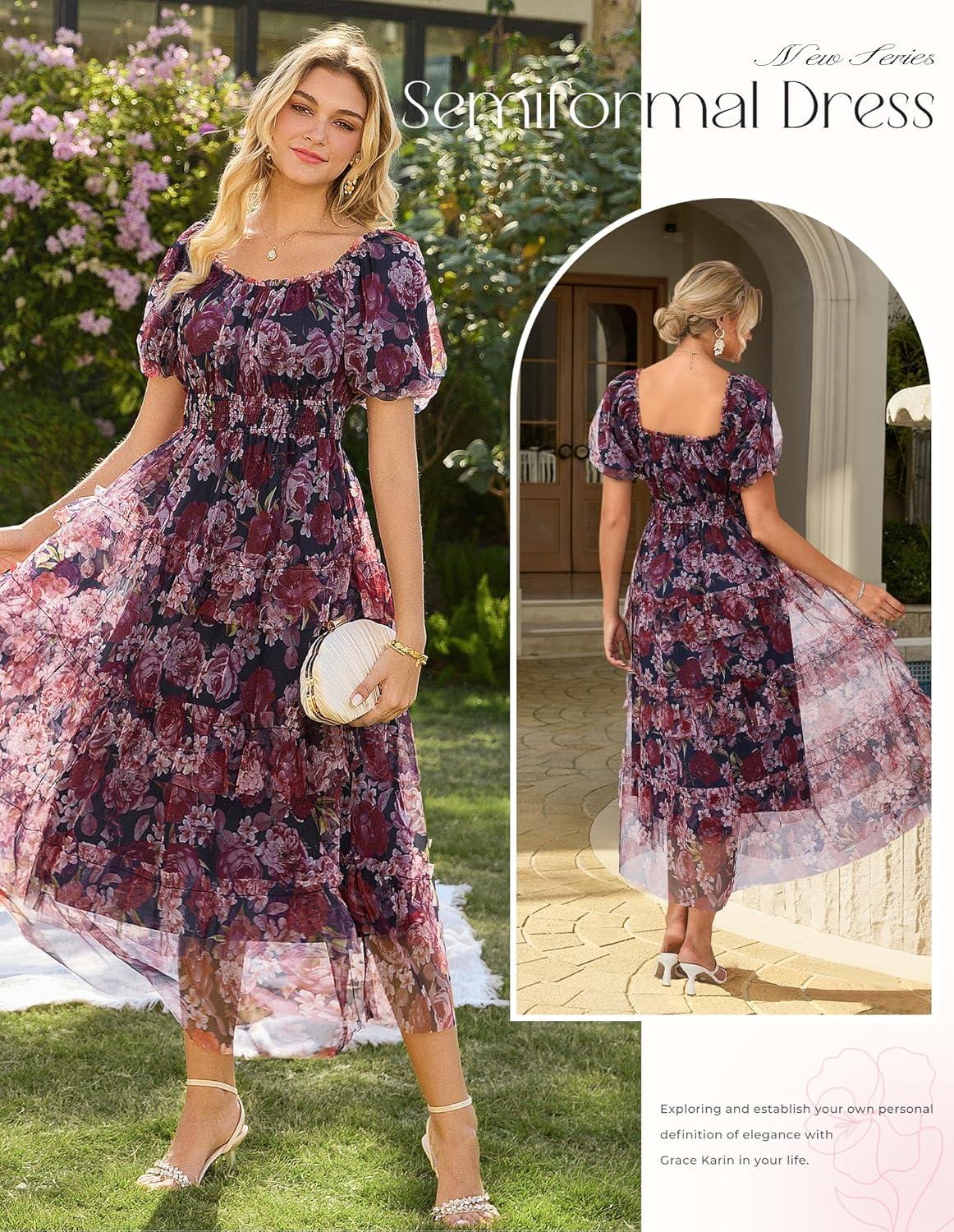 imageGRACE KARIN Womens 2026 Summer Floral Midi Dress Short Sleeve Square Neck Smocked Tulle Dresses Flowy Wedding Guest DressesNavy Blue Pink