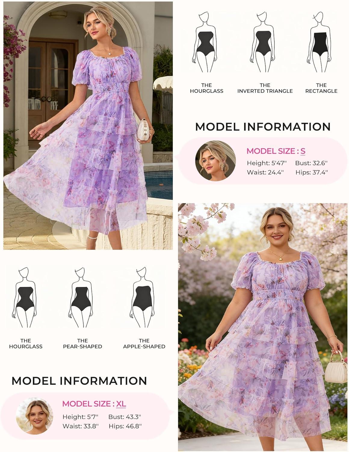 imageGRACE KARIN Womens 2026 Summer Floral Midi Dress Short Sleeve Square Neck Smocked Tulle Dresses Flowy Wedding Guest DressesPurple Pink