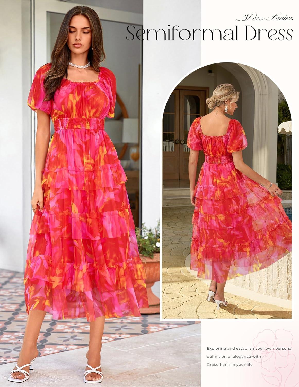 imageGRACE KARIN Womens 2026 Summer Floral Midi Dress Short Sleeve Square Neck Smocked Tulle Dresses Flowy Wedding Guest DressesRed Orange