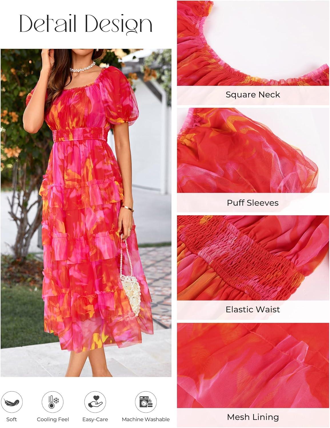 imageGRACE KARIN Womens 2026 Summer Floral Midi Dress Short Sleeve Square Neck Smocked Tulle Dresses Flowy Wedding Guest DressesRed Orange