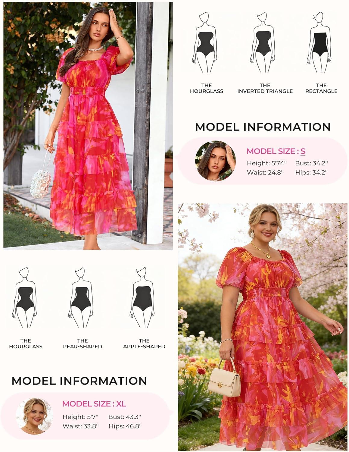 imageGRACE KARIN Womens 2026 Summer Floral Midi Dress Short Sleeve Square Neck Smocked Tulle Dresses Flowy Wedding Guest DressesRed Orange