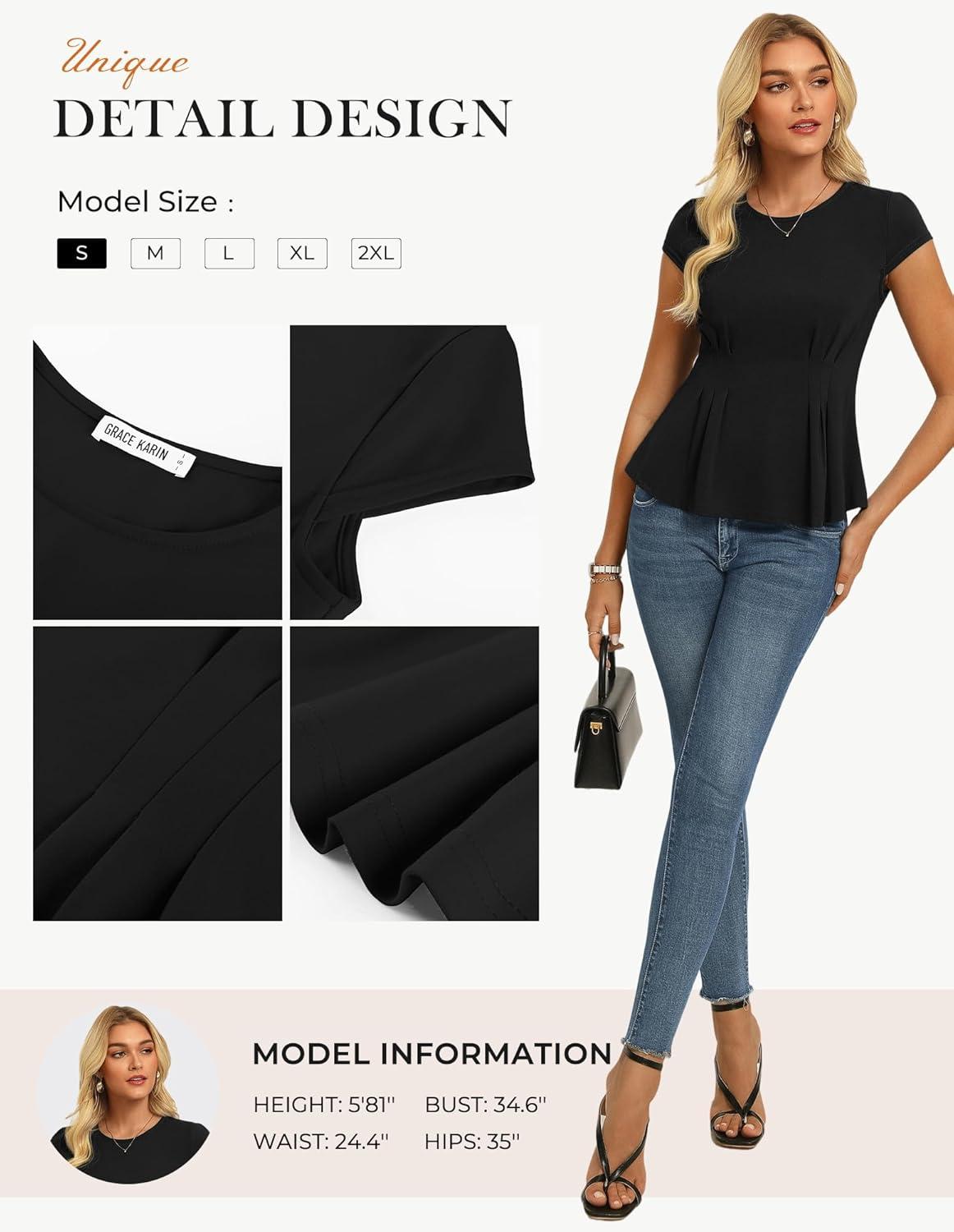 imageGRACE KARIN Womens Peplum Tops Dressy Casual2026 Summer Short Sleeve Work Blouses Business Shirts Fashion ClothesBlack