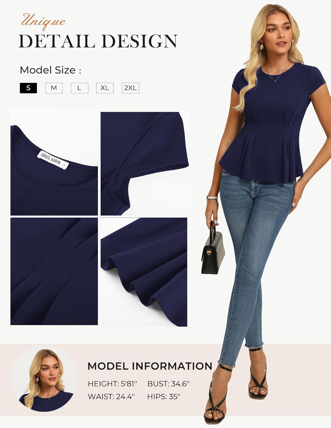imageGRACE KARIN Womens Peplum Tops Dressy Casual2026 Summer Short Sleeve Work Blouses Business Shirts Fashion ClothesNavy Blue