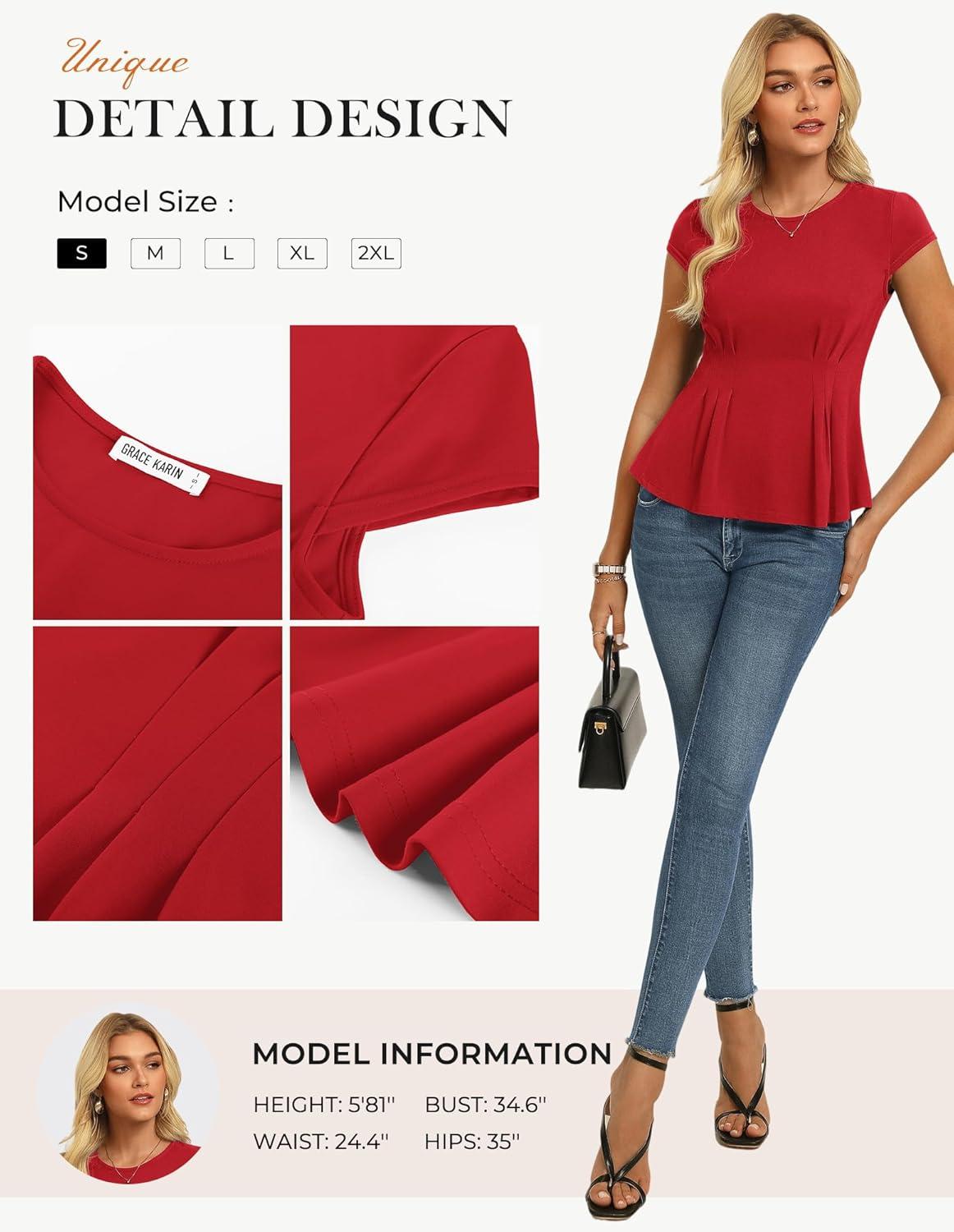 imageGRACE KARIN Womens Peplum Tops Dressy Casual2026 Summer Short Sleeve Work Blouses Business Shirts Fashion ClothesRed