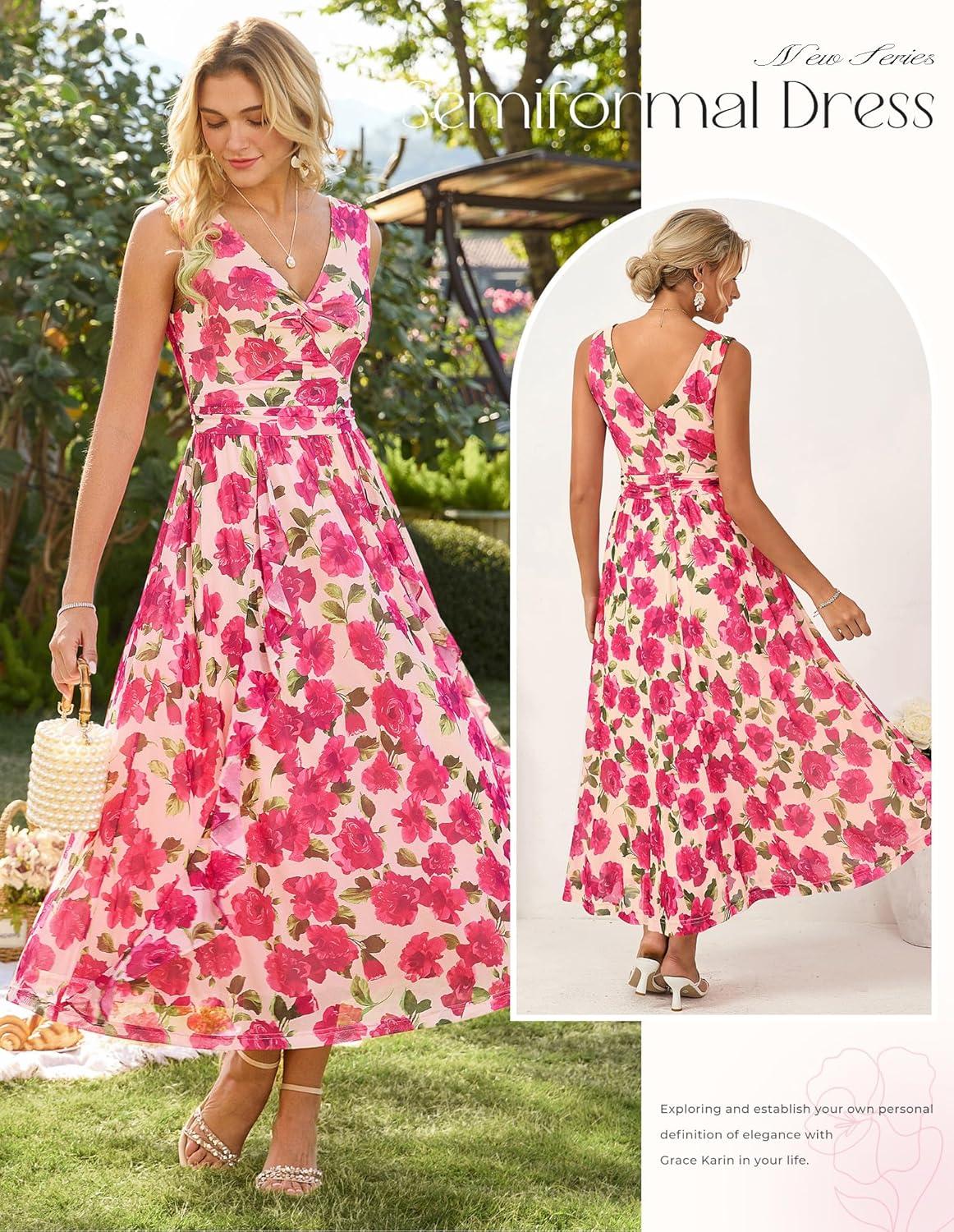 imageGRACE KARIN Womens Summer Sleeveless Floral Maxi Dress V Neck Formal Wedding Guest Dress A Line Beach Vacation ClothesPink Floral