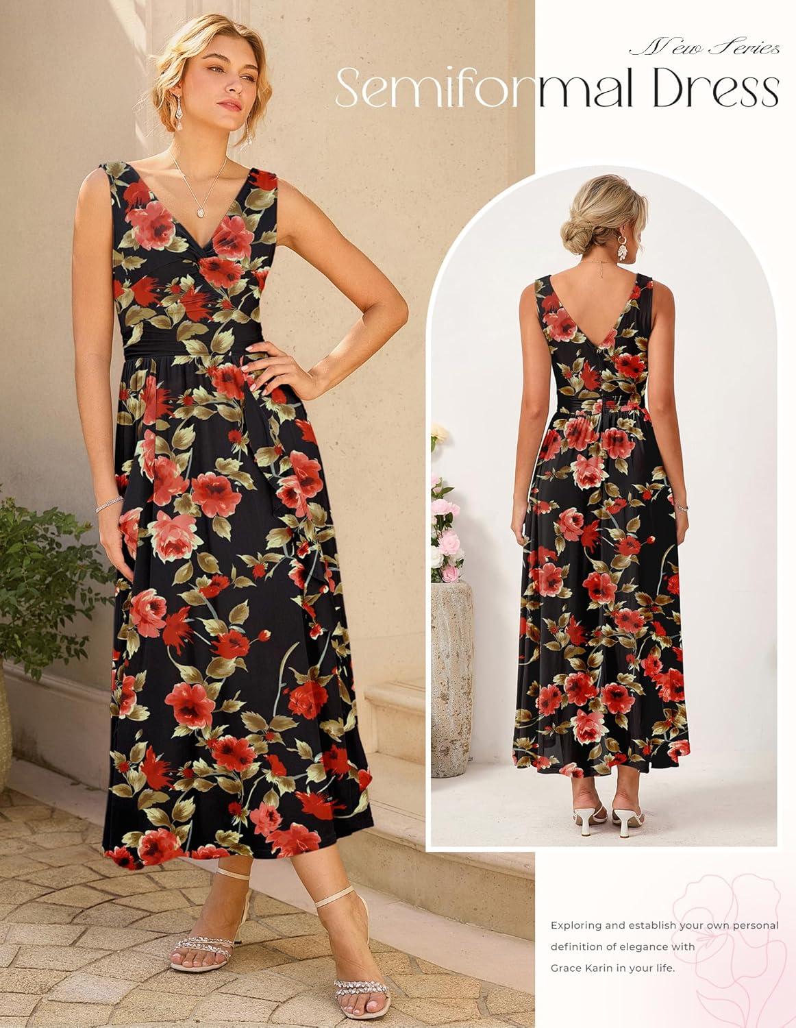 imageGRACE KARIN Womens Summer Sleeveless Floral Maxi Dress V Neck Formal Wedding Guest Dress A Line Beach Vacation ClothesRed Floral