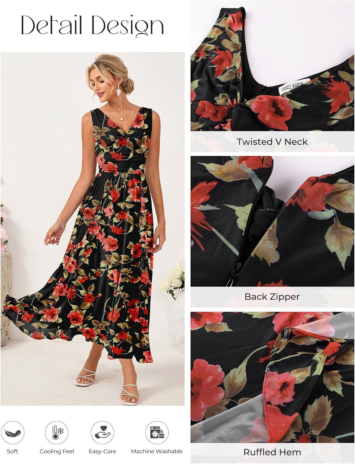 imageGRACE KARIN Womens Summer Sleeveless Floral Maxi Dress V Neck Formal Wedding Guest Dress A Line Beach Vacation ClothesRed Floral