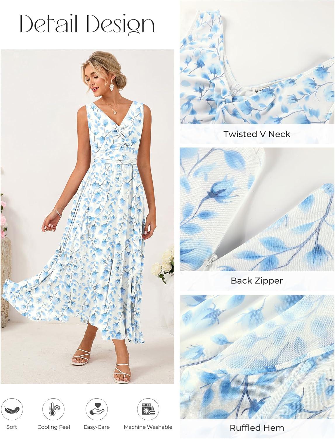 imageGRACE KARIN Womens Summer Sleeveless Floral Maxi Dress V Neck Formal Wedding Guest Dress A Line Beach Vacation ClothesWhite Blue