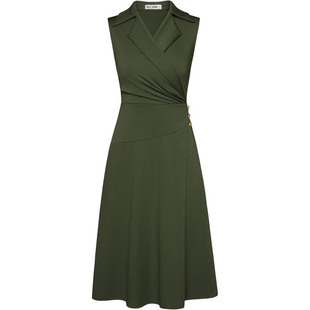 imageGRACE KARIN 2026 Work Midi Dresses for WomenWrap Business Casual Funeral Outfit for WomenWedding Guest DressesArmy Green