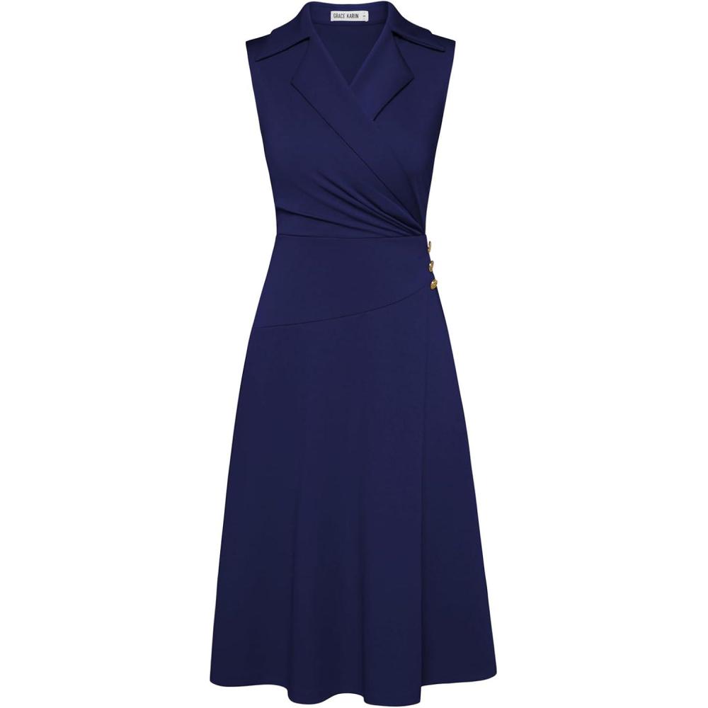 imageGRACE KARIN 2026 Work Midi Dresses for WomenWrap Business Casual Funeral Outfit for WomenWedding Guest DressesNavy Blue