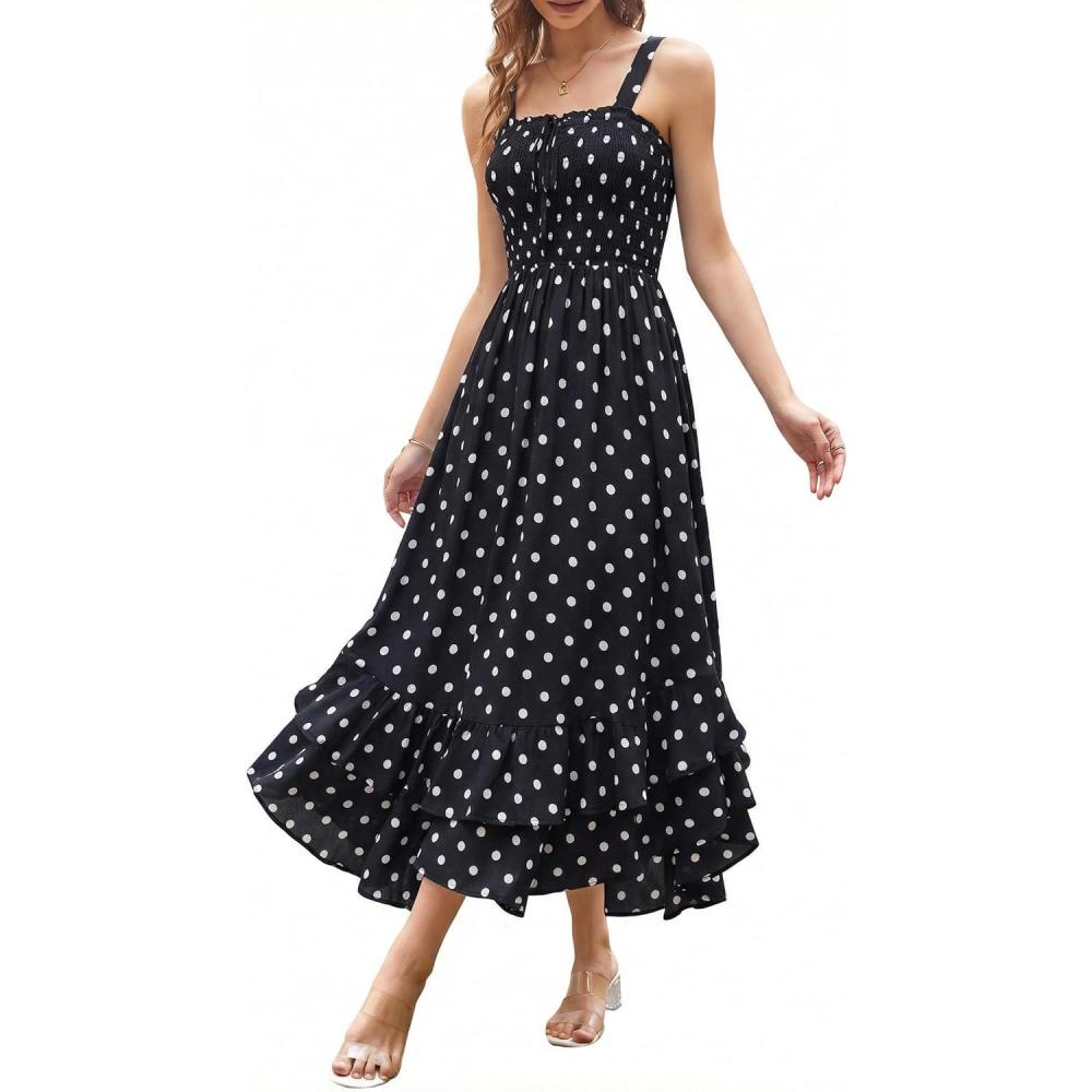 imageGRACE KARIN Womens 2026 Summer Floral Boho Dress Square Neck Strapped Swing A Line Sundress Beach Long Maxi OutfitsBlack White Dots
