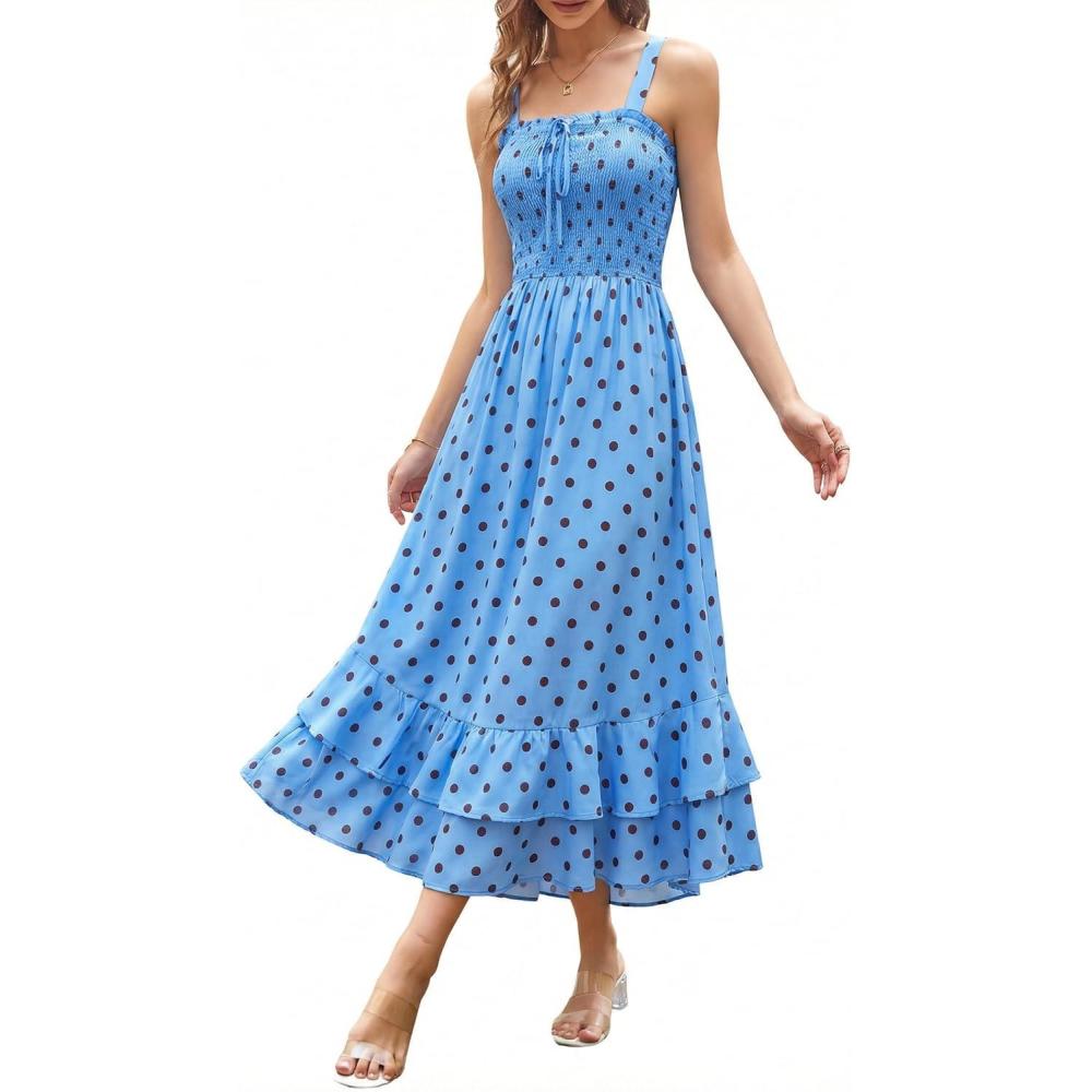 imageGRACE KARIN Womens 2026 Summer Floral Boho Dress Square Neck Strapped Swing A Line Sundress Beach Long Maxi OutfitsBlue Dots