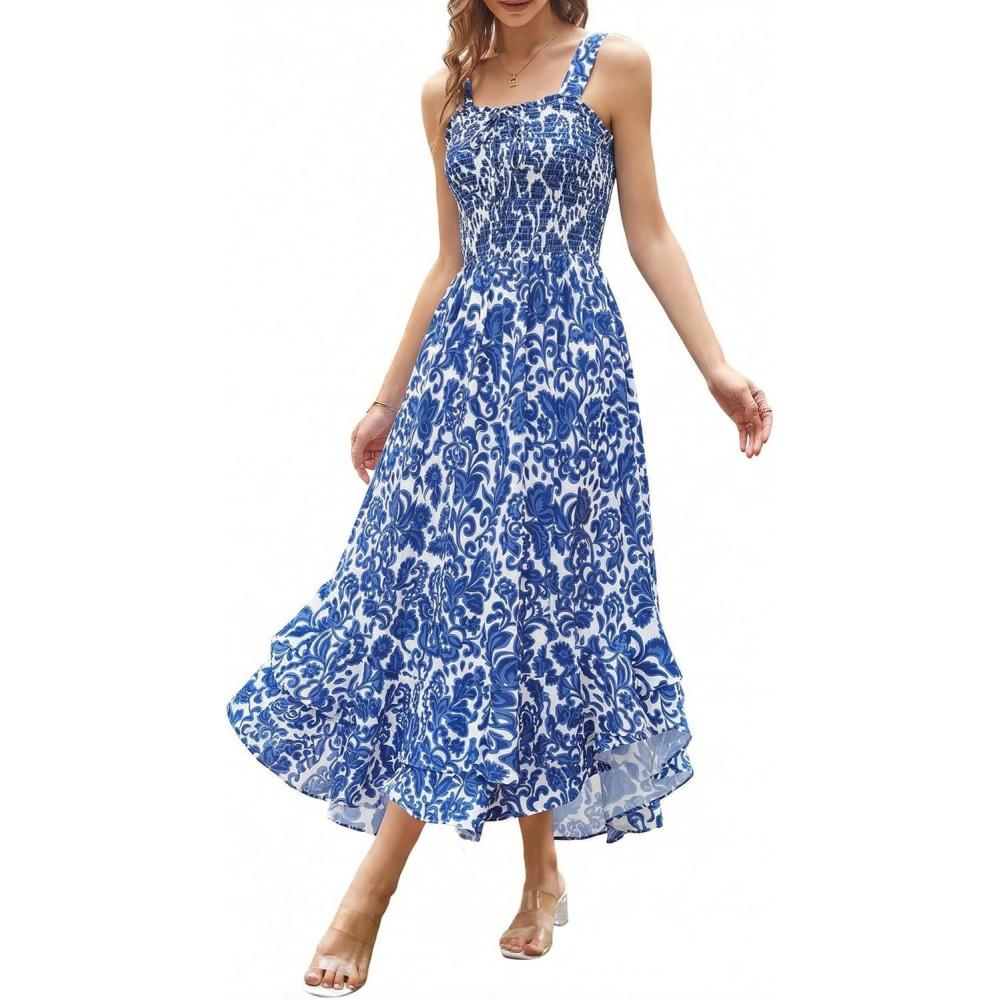 imageGRACE KARIN Womens 2026 Summer Floral Boho Dress Square Neck Strapped Swing A Line Sundress Beach Long Maxi OutfitsDark Blue