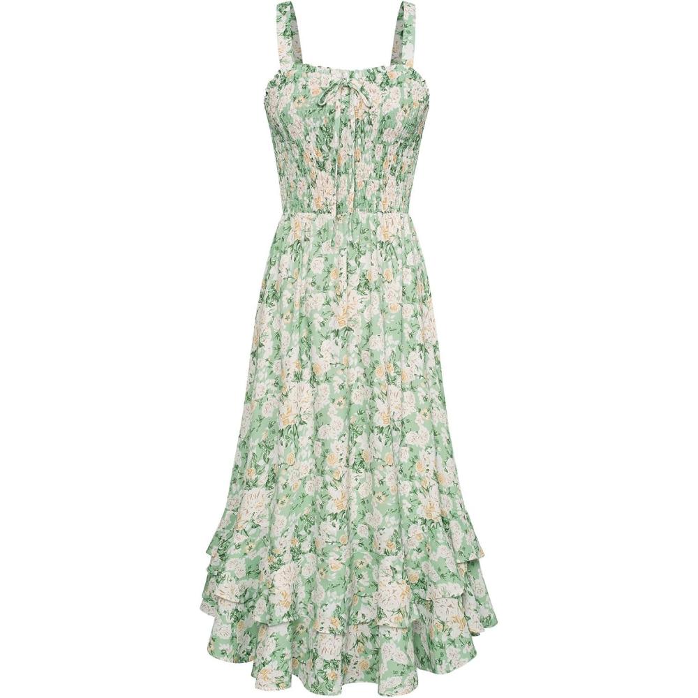 imageGRACE KARIN Womens 2026 Summer Floral Boho Dress Square Neck Strapped Swing A Line Sundress Beach Long Maxi OutfitsGreen White