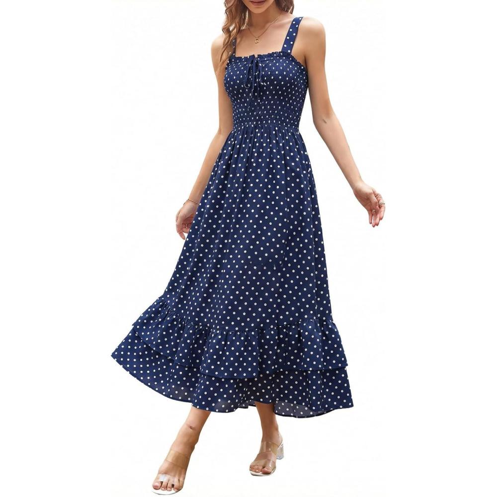 imageGRACE KARIN Womens 2026 Summer Floral Boho Dress Square Neck Strapped Swing A Line Sundress Beach Long Maxi OutfitsNavy Blue Dots