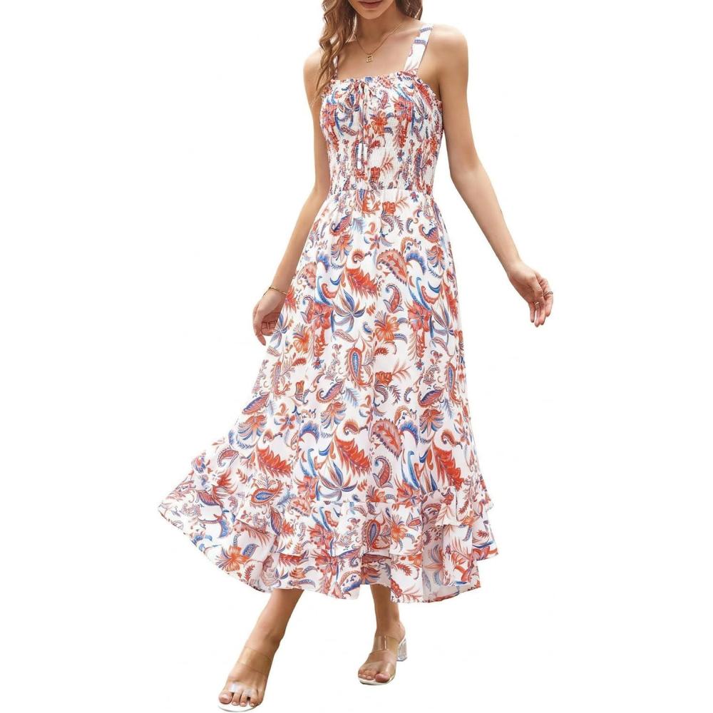 imageGRACE KARIN Womens 2026 Summer Floral Boho Dress Square Neck Strapped Swing A Line Sundress Beach Long Maxi OutfitsOrange Blue