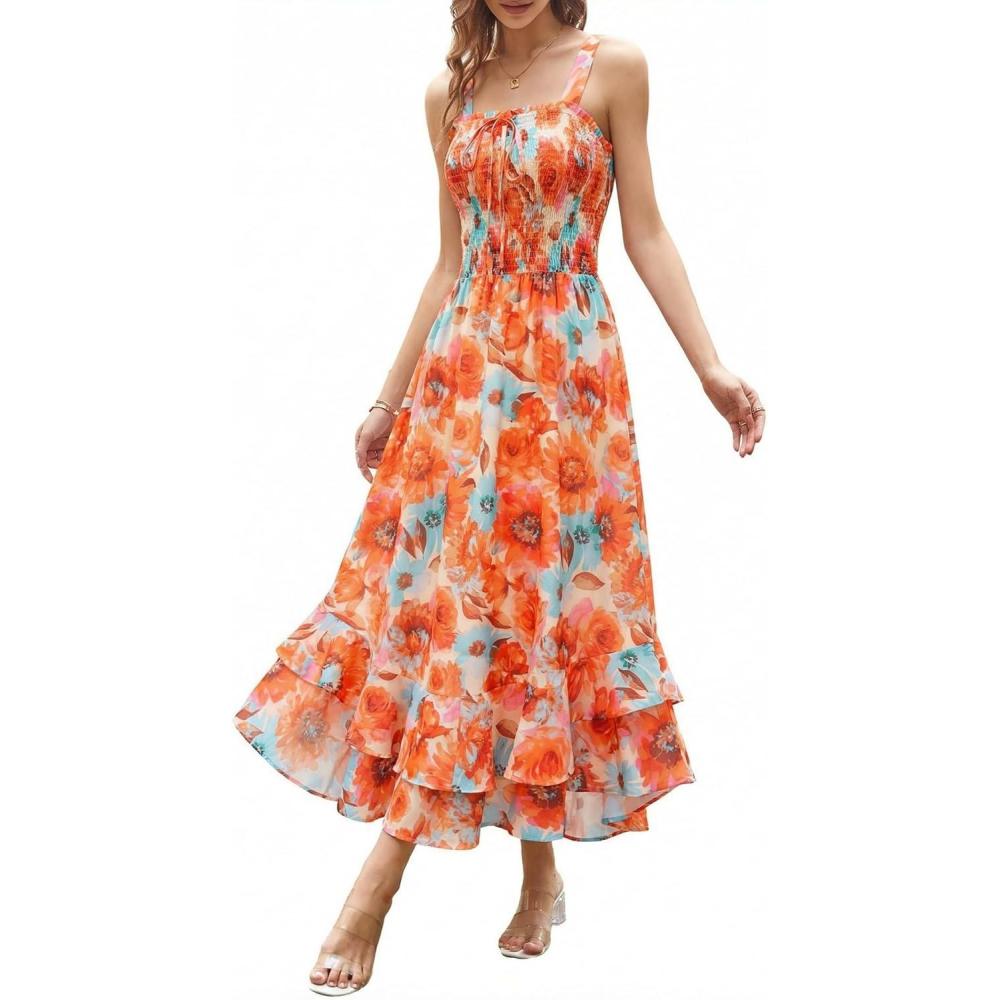 imageGRACE KARIN Womens 2026 Summer Floral Boho Dress Square Neck Strapped Swing A Line Sundress Beach Long Maxi OutfitsOrange Flower