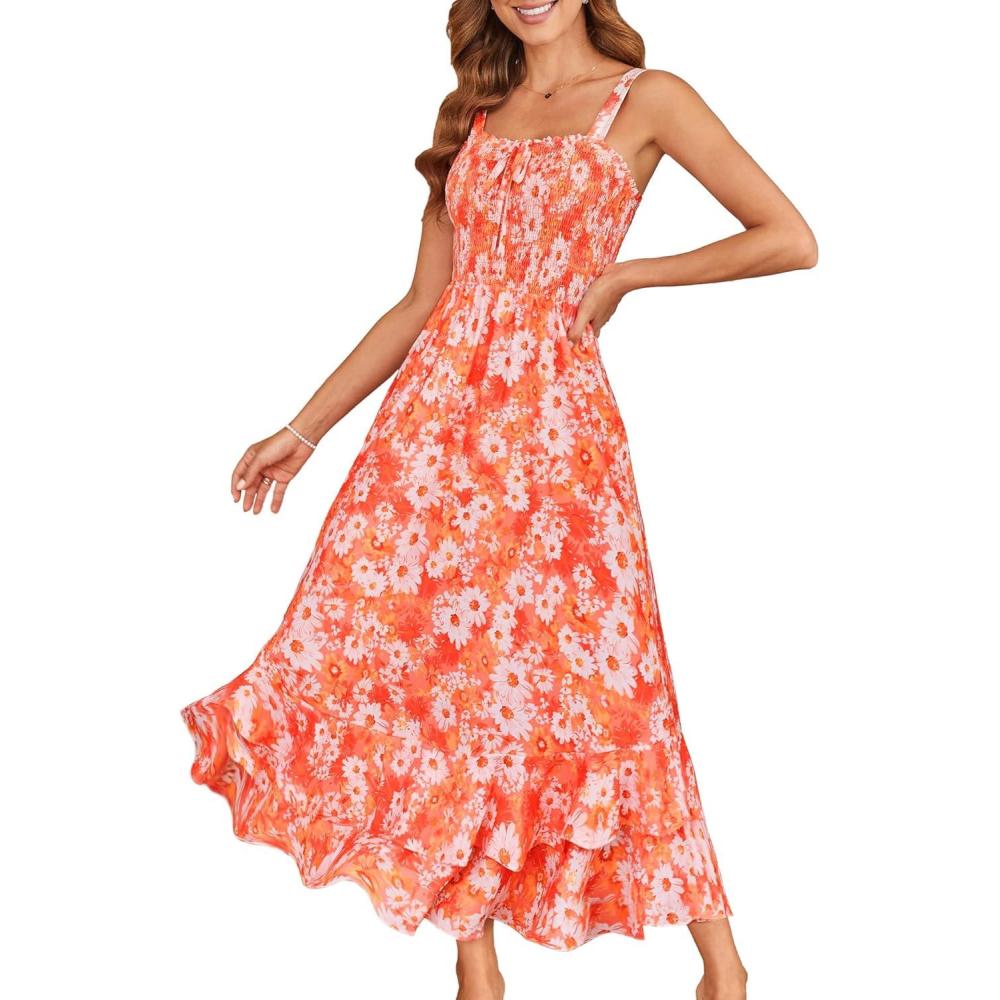 imageGRACE KARIN Womens 2026 Summer Floral Boho Dress Square Neck Strapped Swing A Line Sundress Beach Long Maxi OutfitsOrange White