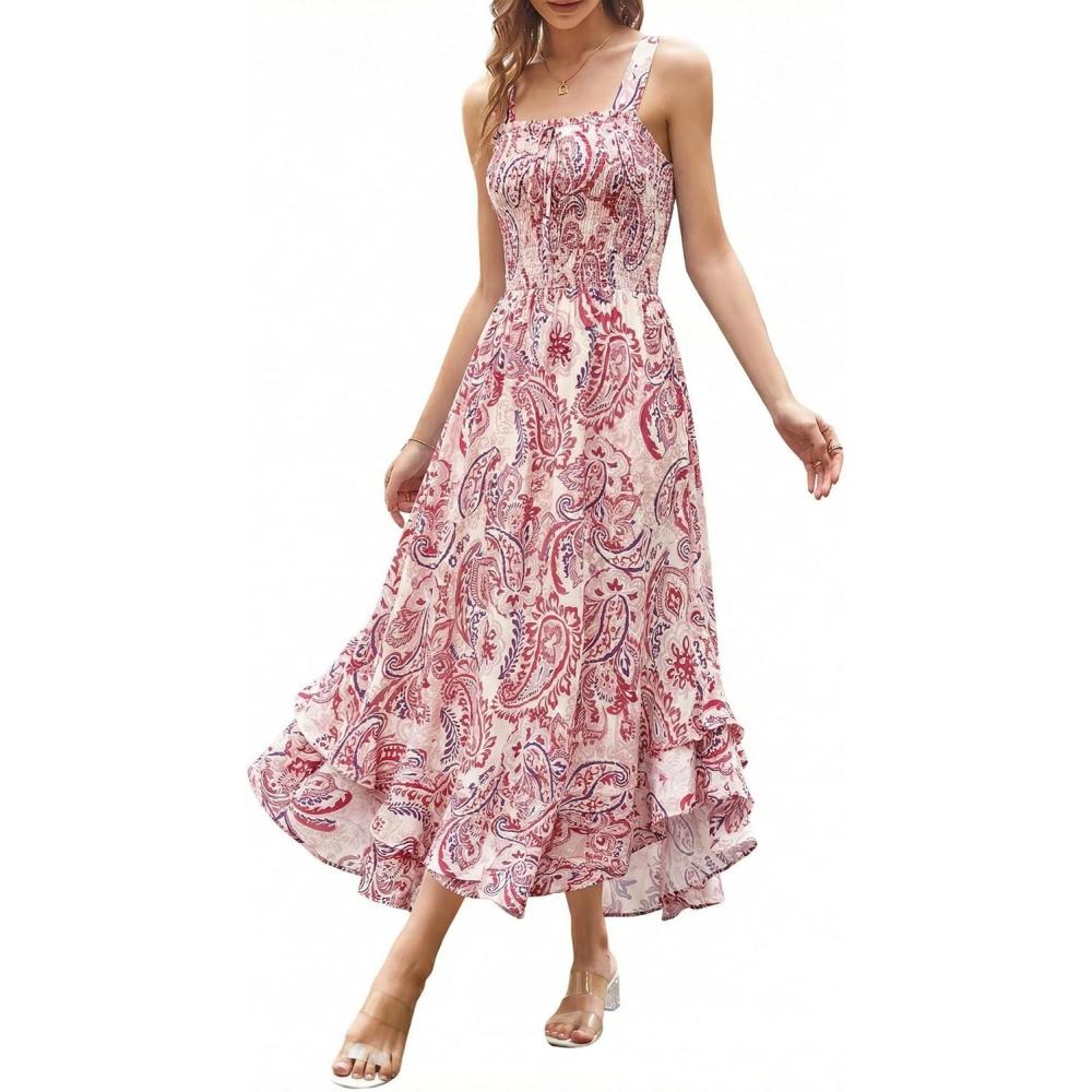 imageGRACE KARIN Womens 2026 Summer Floral Boho Dress Square Neck Strapped Swing A Line Sundress Beach Long Maxi OutfitsPink Flower