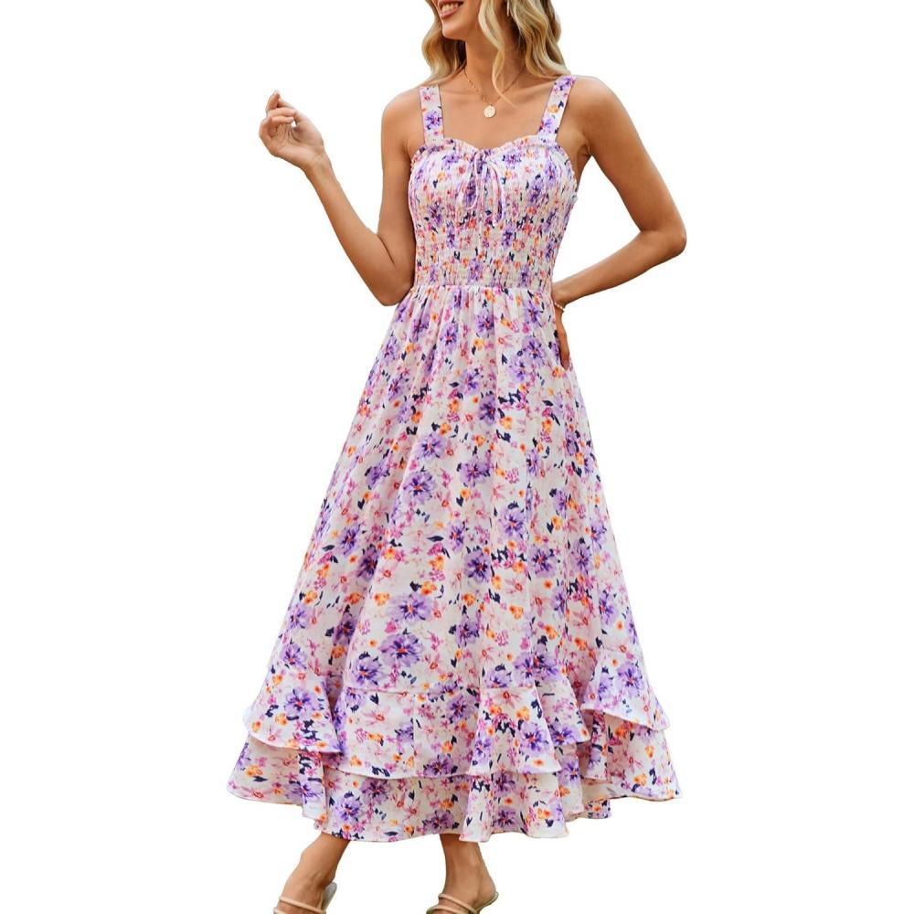 imageGRACE KARIN Womens 2026 Summer Floral Boho Dress Square Neck Strapped Swing A Line Sundress Beach Long Maxi OutfitsPurple Yellow