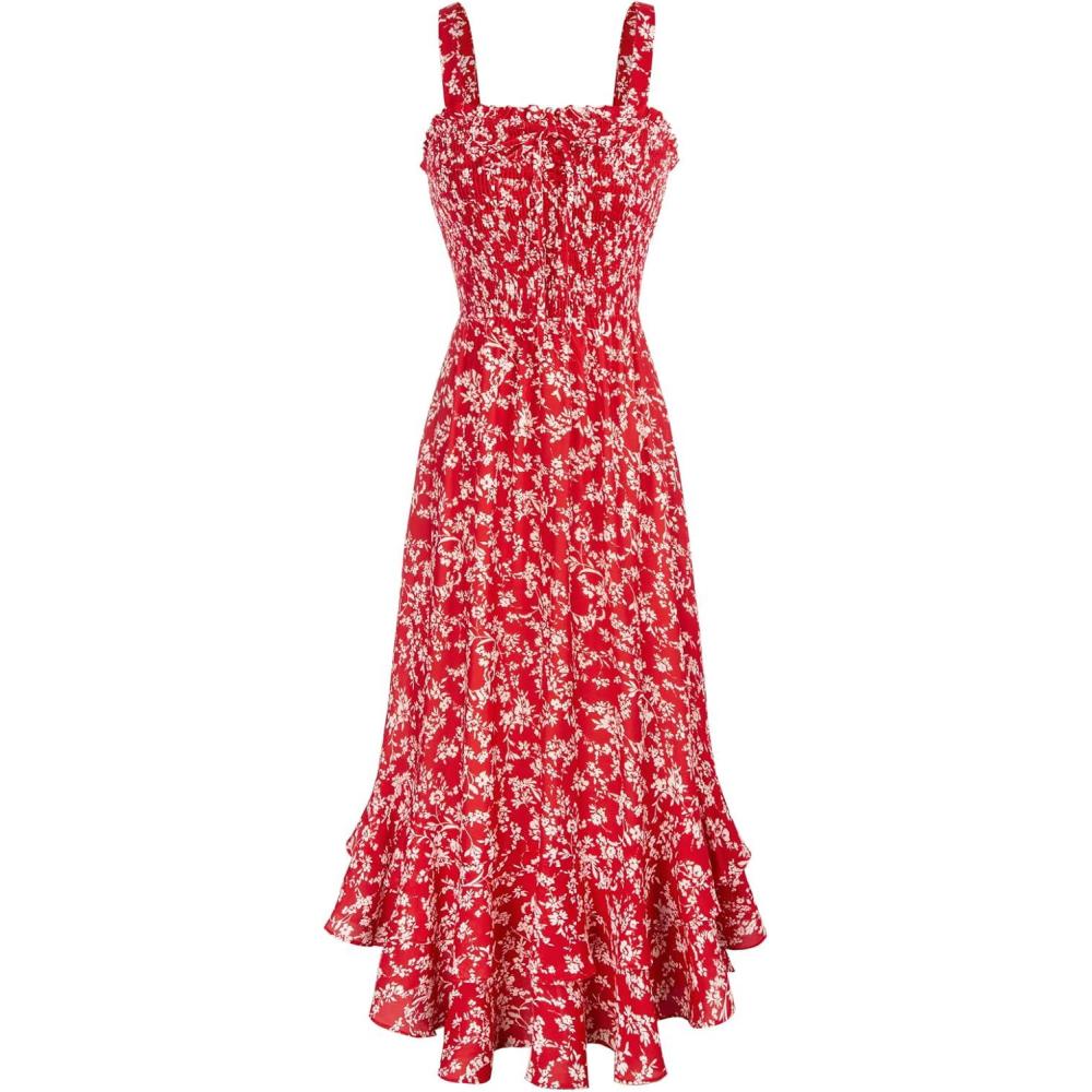 imageGRACE KARIN Womens 2026 Summer Floral Boho Dress Square Neck Strapped Swing A Line Sundress Beach Long Maxi OutfitsRed
