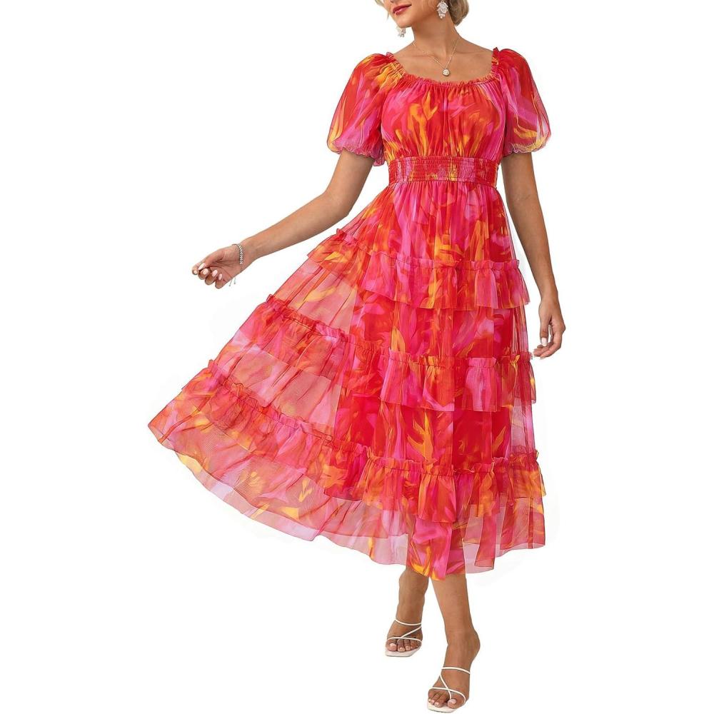 imageGRACE KARIN Womens 2026 Summer Floral Midi Dress Short Sleeve Square Neck Smocked Tulle Dresses Flowy Wedding Guest DressesRed Orange