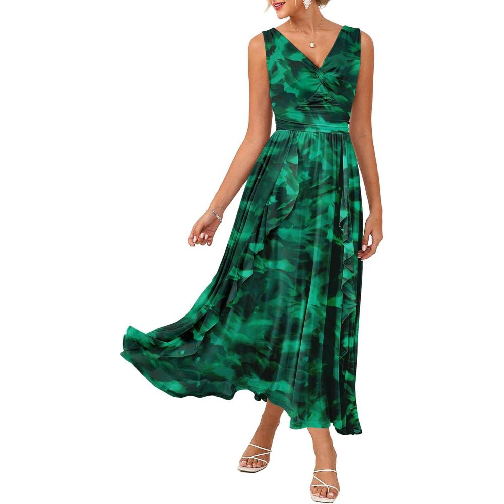 imageGRACE KARIN Womens Summer Sleeveless Floral Maxi Dress V Neck Formal Wedding Guest Dress A Line Beach Vacation ClothesGreen Floral