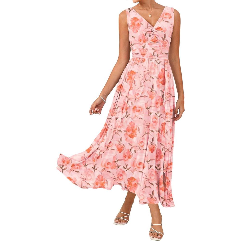 imageGRACE KARIN Womens Summer Sleeveless Floral Maxi Dress V Neck Formal Wedding Guest Dress A Line Beach Vacation ClothesOrange Floral