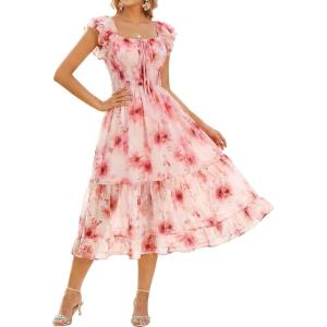 GRACE KARIN 2026 Women’s Spring Floral Midi Dress Square Neck Beach Wedding Guest Dresses Flowy A Line Casual Summer Clothes(Red Floral)