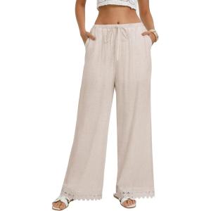 GRACE KARIN Women Linen Pants Wide Leg Casual Palazzo Pants Flowy Beach Summer Trousers Pants with Pockets(Lihgt Khaki)
