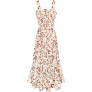 GRACE KARIN Women’s 2026 Summer Floral Boho Dress Square Neck Strapped Swing A Line Sundress Beach Long Maxi Outfits(Beige)