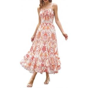 GRACE KARIN Women’s 2026 Summer Floral Boho Dress Square Neck Strapped Swing A Line Sundress Beach Long Maxi Outfits(Beige Floral)