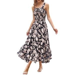 GRACE KARIN Women’s 2026 Summer Floral Boho Dress Square Neck Strapped Swing A Line Sundress Beach Long Maxi Outfits(Black Flower)