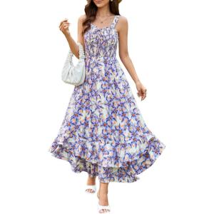 GRACE KARIN Women’s 2026 Summer Floral Boho Dress Square Neck Strapped Swing A Line Sundress Beach Long Maxi Outfits(Blue Floral)