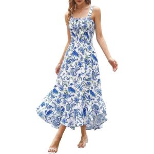 GRACE KARIN Women’s 2026 Summer Floral Boho Dress Square Neck Strapped Swing A Line Sundress Beach Long Maxi Outfits(Blue White Floral)
