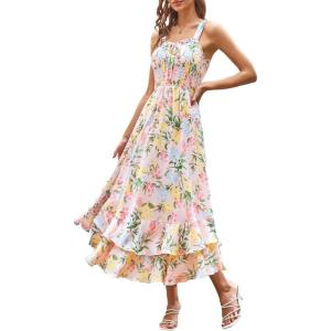 GRACE KARIN Women’s 2026 Summer Floral Boho Dress Square Neck Strapped Swing A Line Sundress Beach Long Maxi Outfits(Blue Yellow)
