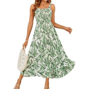 GRACE KARIN Women’s 2026 Summer Floral Boho Dress Square Neck Strapped Swing A Line Sundress Beach Long Maxi Outfits(Green Leaf)